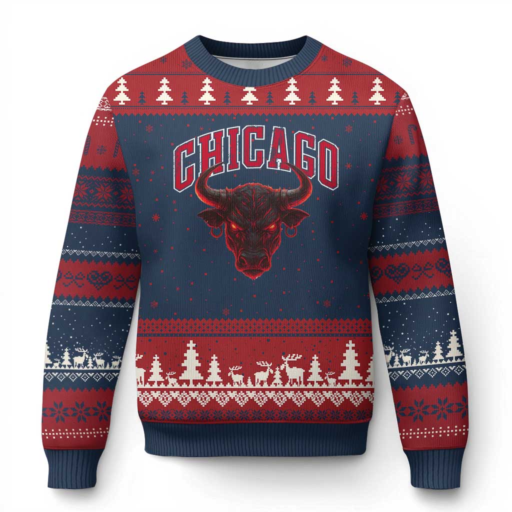 Retro Chicago Ugly Christmas Sweater Bulls Mascot Team Spirit Vintage Basketball Fan - Print Your Wear