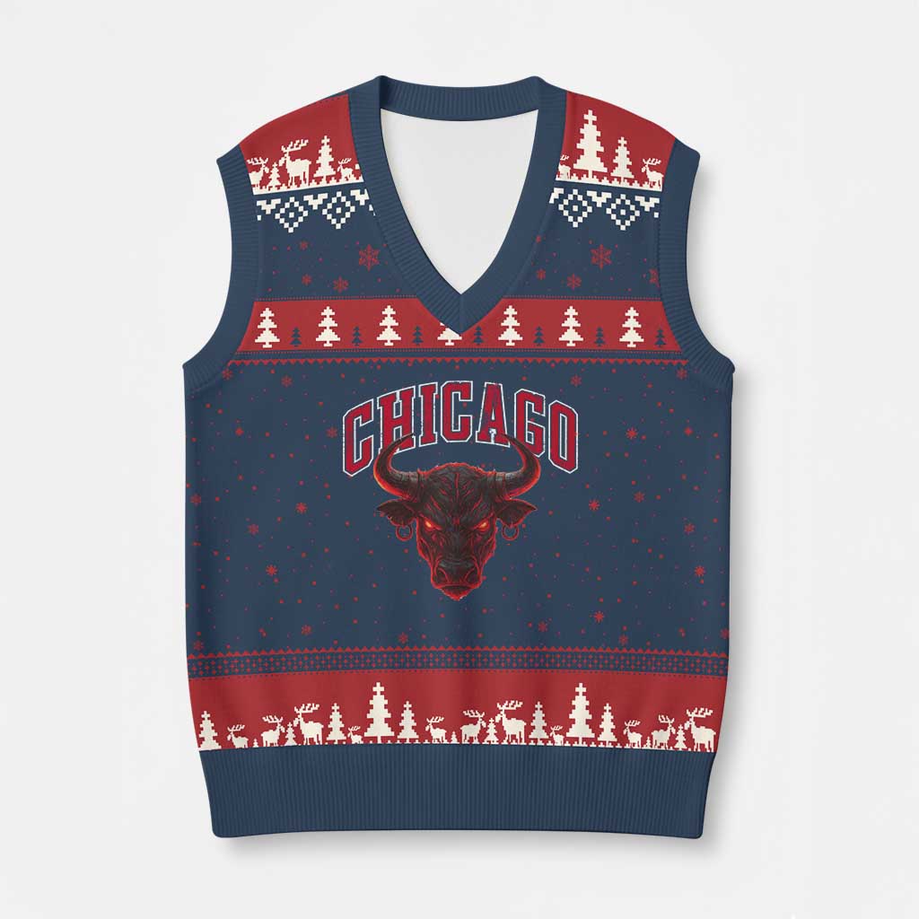 Retro Chicago V-Neck Knit Sweater Vest Bulls Mascot Team Spirit Vintage Basketball Fan TS10 Navy Red Print Your Wear