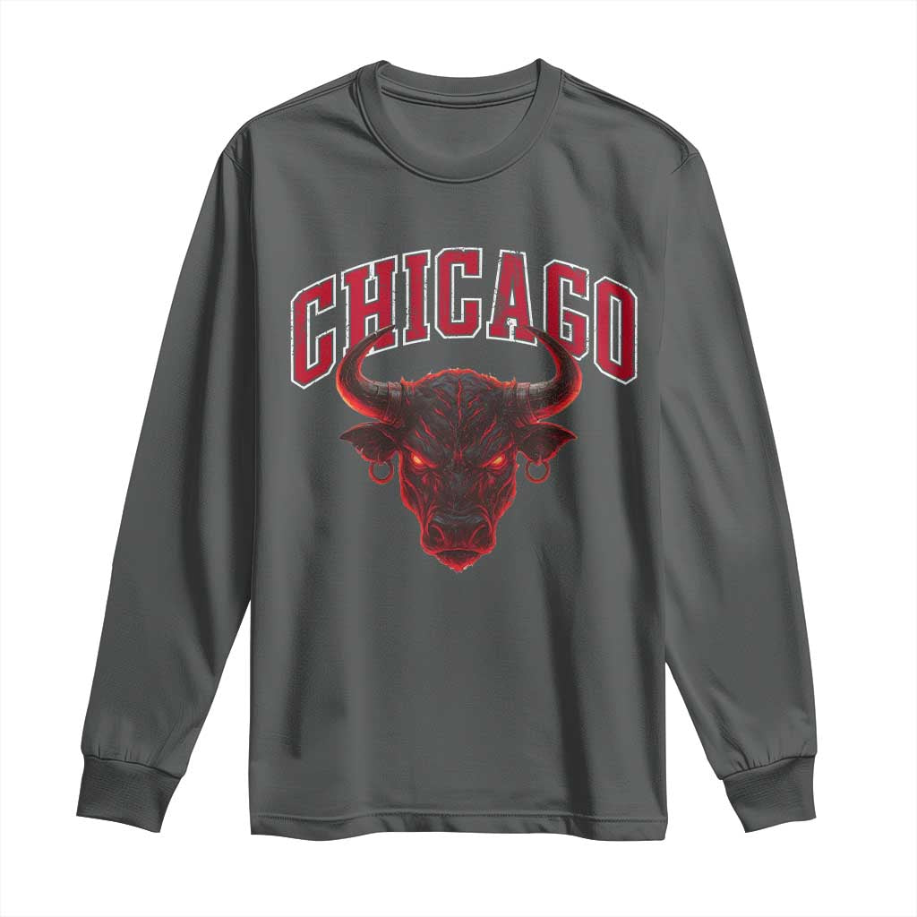 Retro Chicago Long Sleeve Shirt Bulls Mascot Team Spirit Vintage Basketball Fan TS10 Dark Heather Print Your Wear