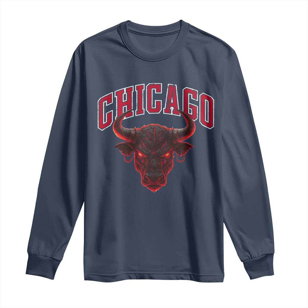 Retro Chicago Long Sleeve Shirt Bulls Mascot Team Spirit Vintage Basketball Fan TS10 Navy Print Your Wear