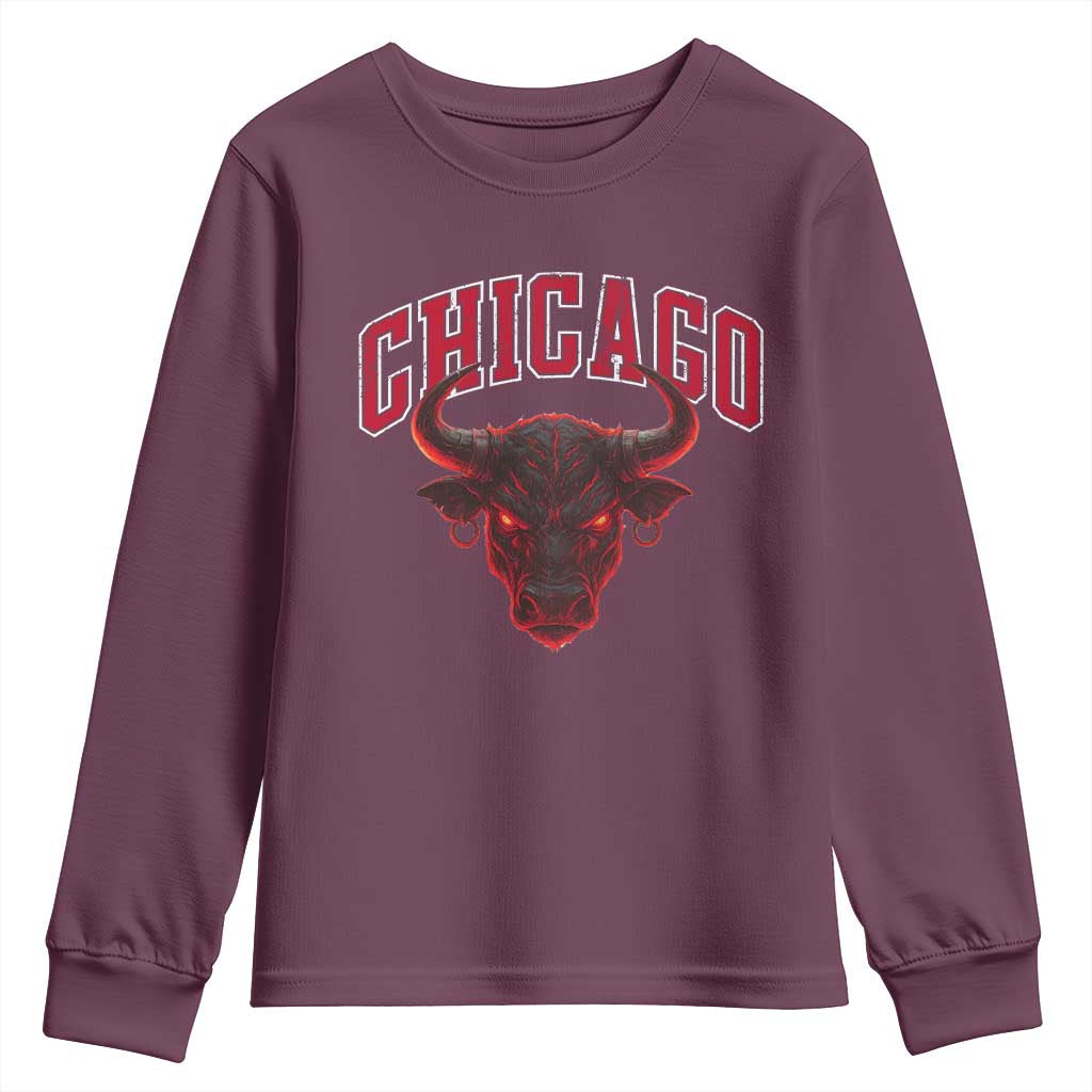 Retro Chicago Youth Sweatshirt Bulls Mascot Team Spirit Vintage Basketball Fan TS10 Maroon Print Your Wear