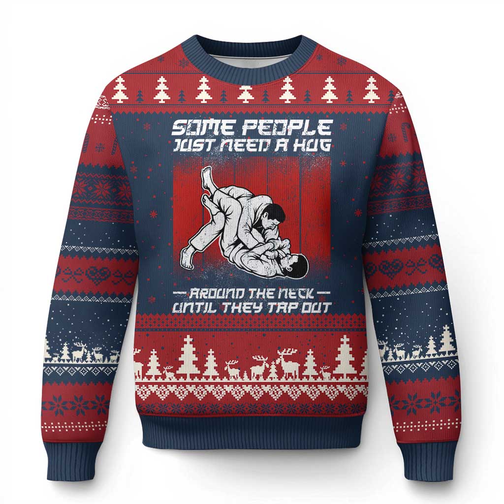 Brazilian Jiu Jitsu Ugly Christmas Sweater Some People Just Need A Hug Vintage BJJ TS10 Navy Red Print Your Wear
