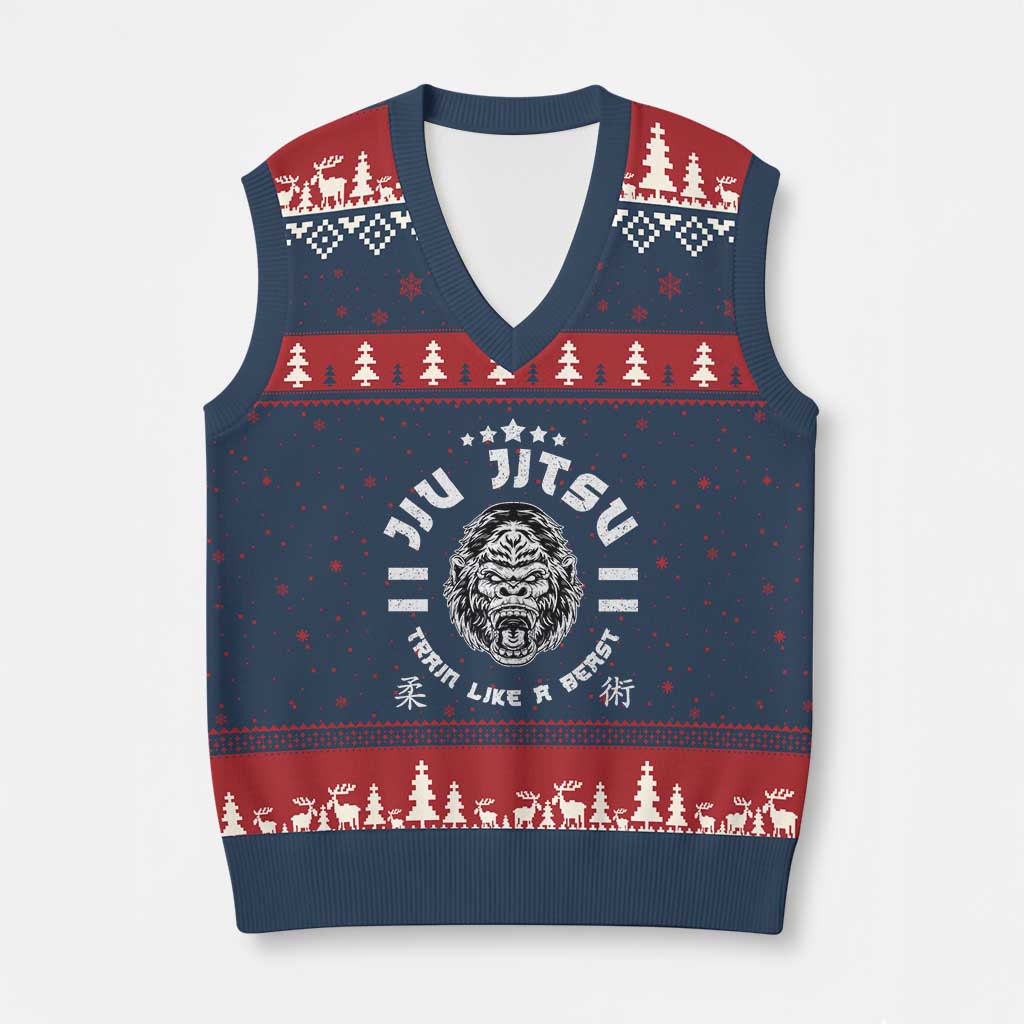 Brazilian Jiu Jitsu V-Neck Knit Sweater Vest Train Like A Beast Vintage BJJ Grappling Gorilla TS10 Navy Red Print Your Wear