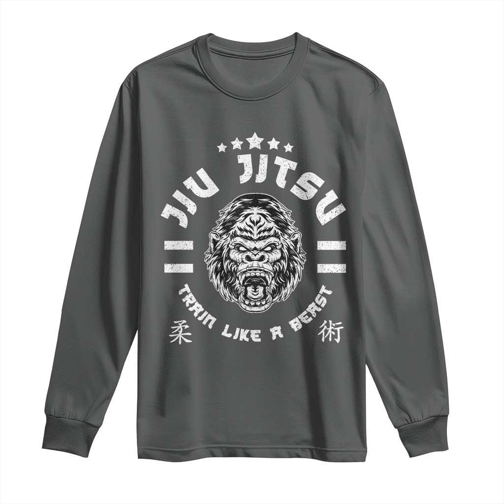 Brazilian Jiu Jitsu Long Sleeve Shirt Train Like A Beast Vintage BJJ Grappling Gorilla TS10 Dark Heather Print Your Wear