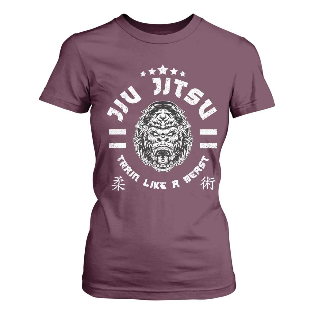 Brazilian Jiu Jitsu T Shirt For Women Train Like A Beast Vintage BJJ Grappling Gorilla TS10 Maroon Print Your Wear