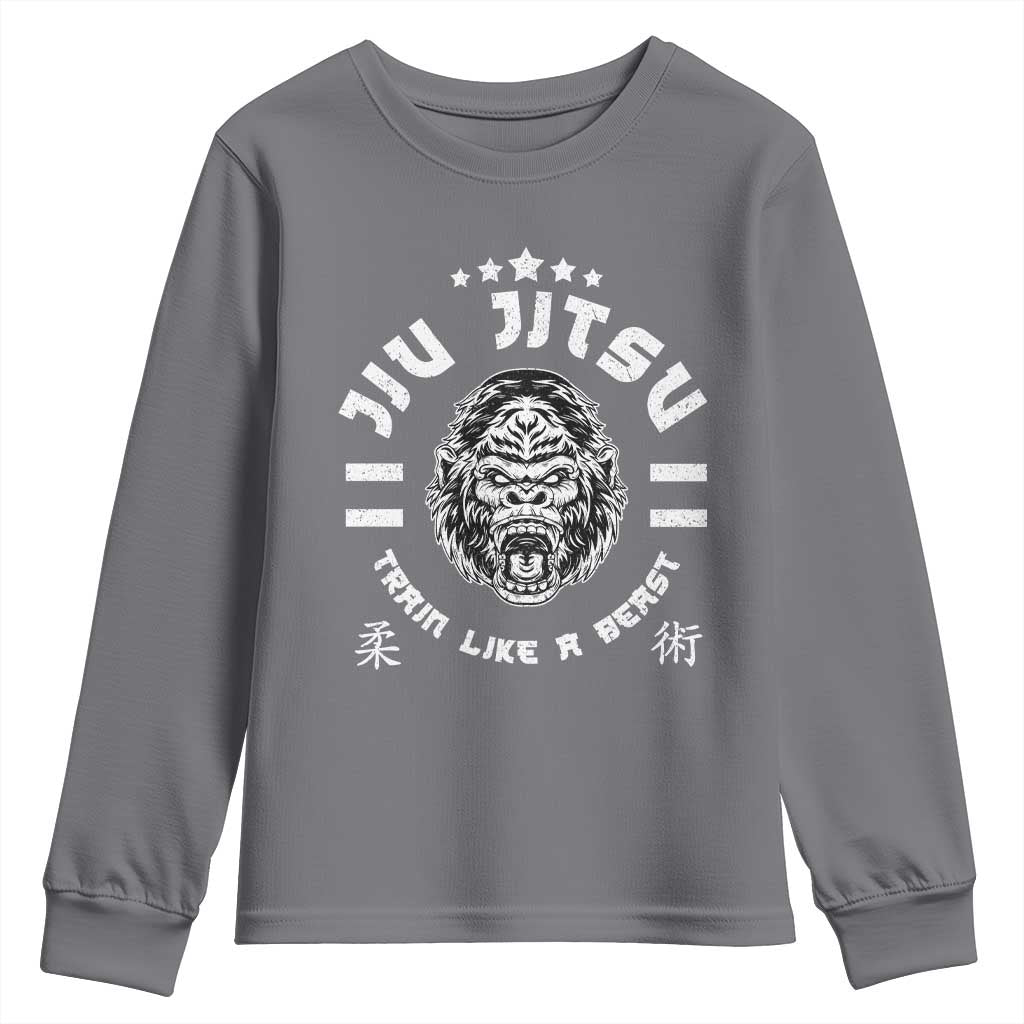 Brazilian Jiu Jitsu Youth Sweatshirt Train Like A Beast Vintage BJJ Grappling Gorilla TS10 Charcoal Print Your Wear