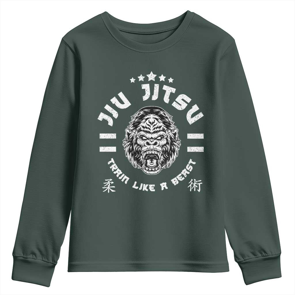 Brazilian Jiu Jitsu Youth Sweatshirt Train Like A Beast Vintage BJJ Grappling Gorilla TS10 Dark Forest Green Print Your Wear
