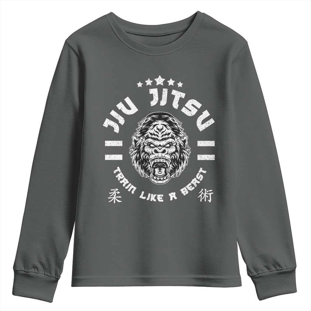 Brazilian Jiu Jitsu Youth Sweatshirt Train Like A Beast Vintage BJJ Grappling Gorilla TS10 Dark Heather Print Your Wear