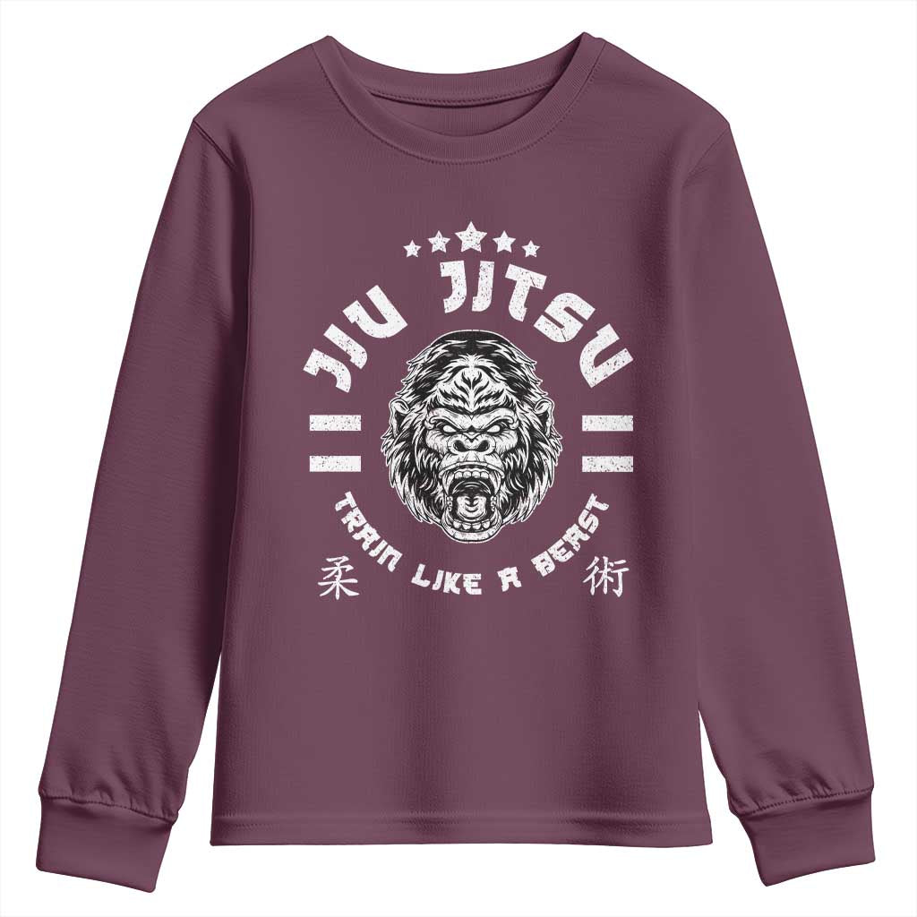Brazilian Jiu Jitsu Youth Sweatshirt Train Like A Beast Vintage BJJ Grappling Gorilla TS10 Maroon Print Your Wear