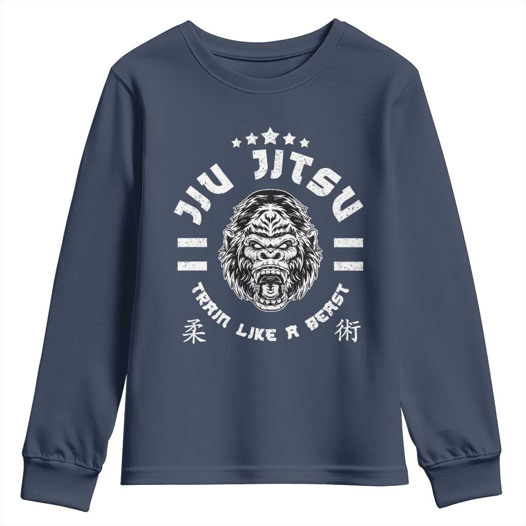Brazilian Jiu Jitsu Youth Sweatshirt Train Like A Beast Vintage BJJ Grappling Gorilla TS10 Navy Print Your Wear