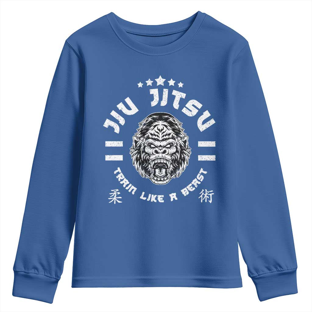 Brazilian Jiu Jitsu Youth Sweatshirt Train Like A Beast Vintage BJJ Grappling Gorilla TS10 Royal Blue Print Your Wear
