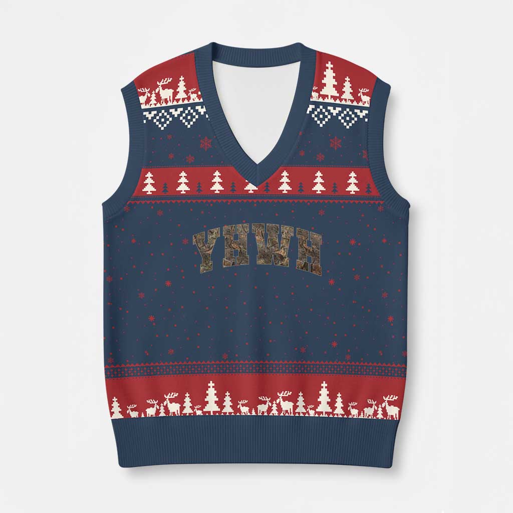 Camo YHWH V-Neck Knit Sweater Vest Christianity Jesus Preppy Christian Faith Bible Verse TS10 Navy Red Print Your Wear