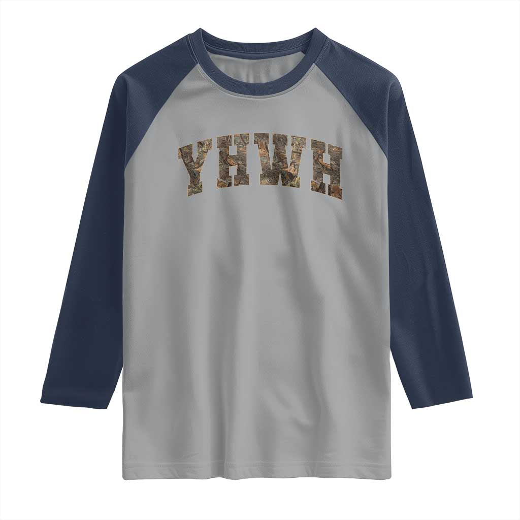Camo YHWH Raglan Shirt Christianity Jesus Preppy Christian Faith Bible Verse TS10 Sport Gray Navy Print Your Wear