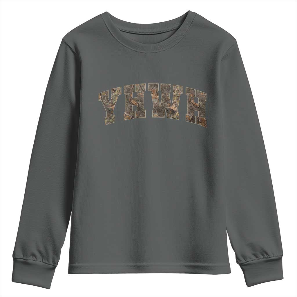 Camo YHWH Youth Sweatshirt Christianity Jesus Preppy Christian Faith Bible Verse TS10 Dark Heather Print Your Wear