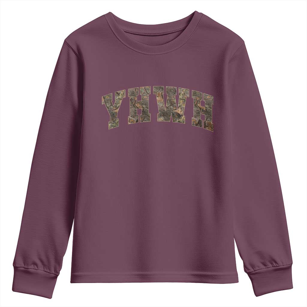 Camo YHWH Youth Sweatshirt Christianity Jesus Preppy Christian Faith Bible Verse TS10 Maroon Print Your Wear