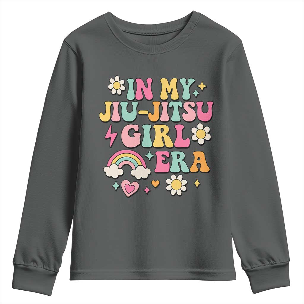 In My Jiu Jitsu Girl Era Youth Sweatshirt Retro Groovy BJJ Girls TS10 Dark Heather Print Your Wear