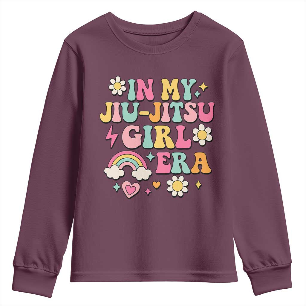 In My Jiu Jitsu Girl Era Youth Sweatshirt Retro Groovy BJJ Girls TS10 Maroon Print Your Wear
