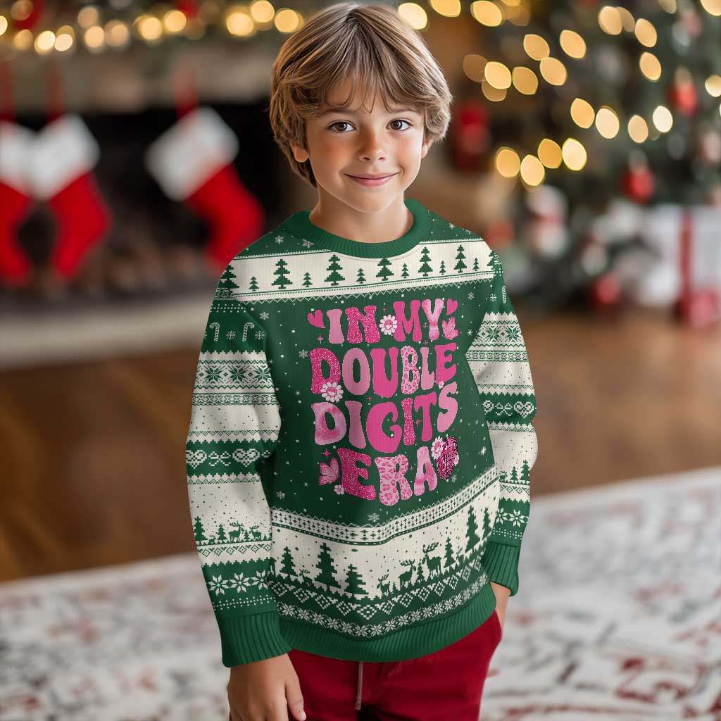 10 Years Old Birthday Girl Ugly Christmas Sweater In My Double Digits Era TS10 Forest Green Beige Print Your Wear