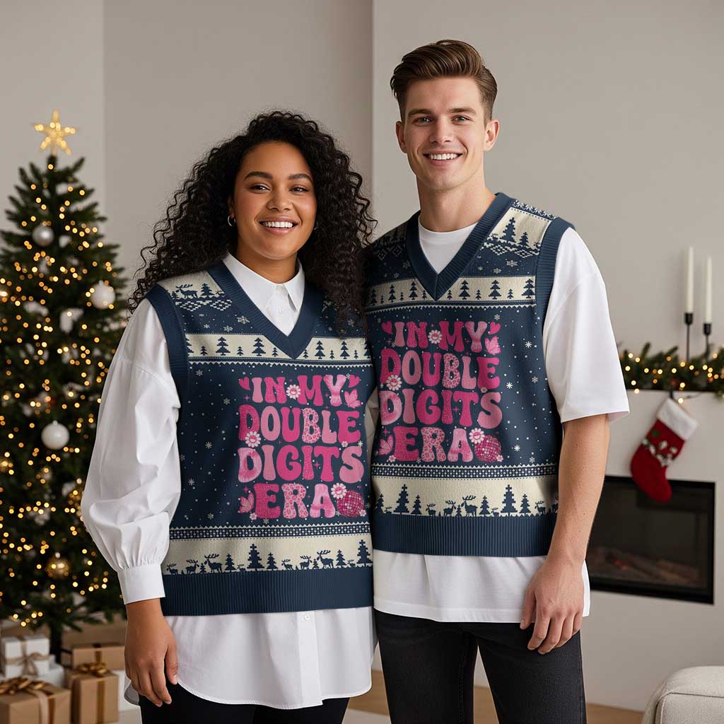 10 Years Old Birthday Girl V-Neck Knit Sweater Vest In My Double Digits Era TS10 Navy Beige Print Your Wear