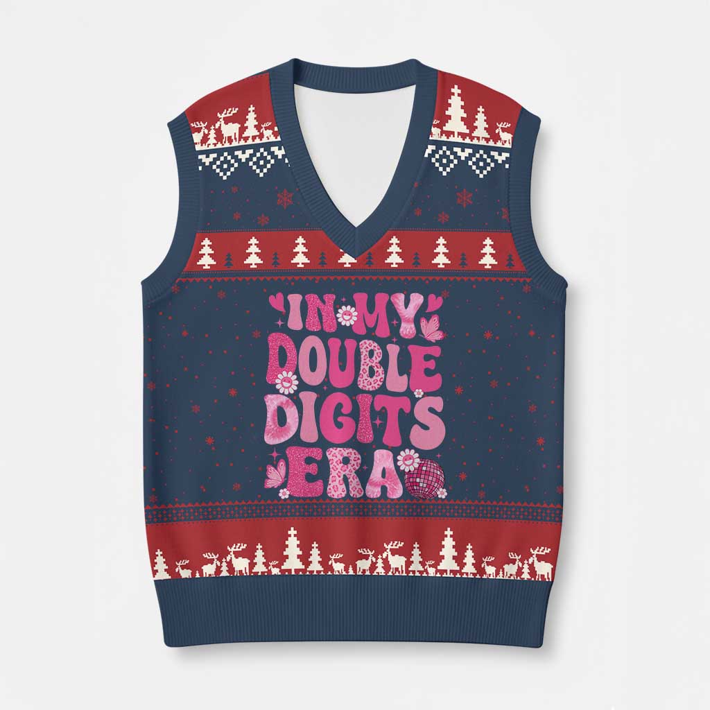 10 Years Old Birthday Girl V-Neck Knit Sweater Vest In My Double Digits Era TS10 Navy Red Print Your Wear