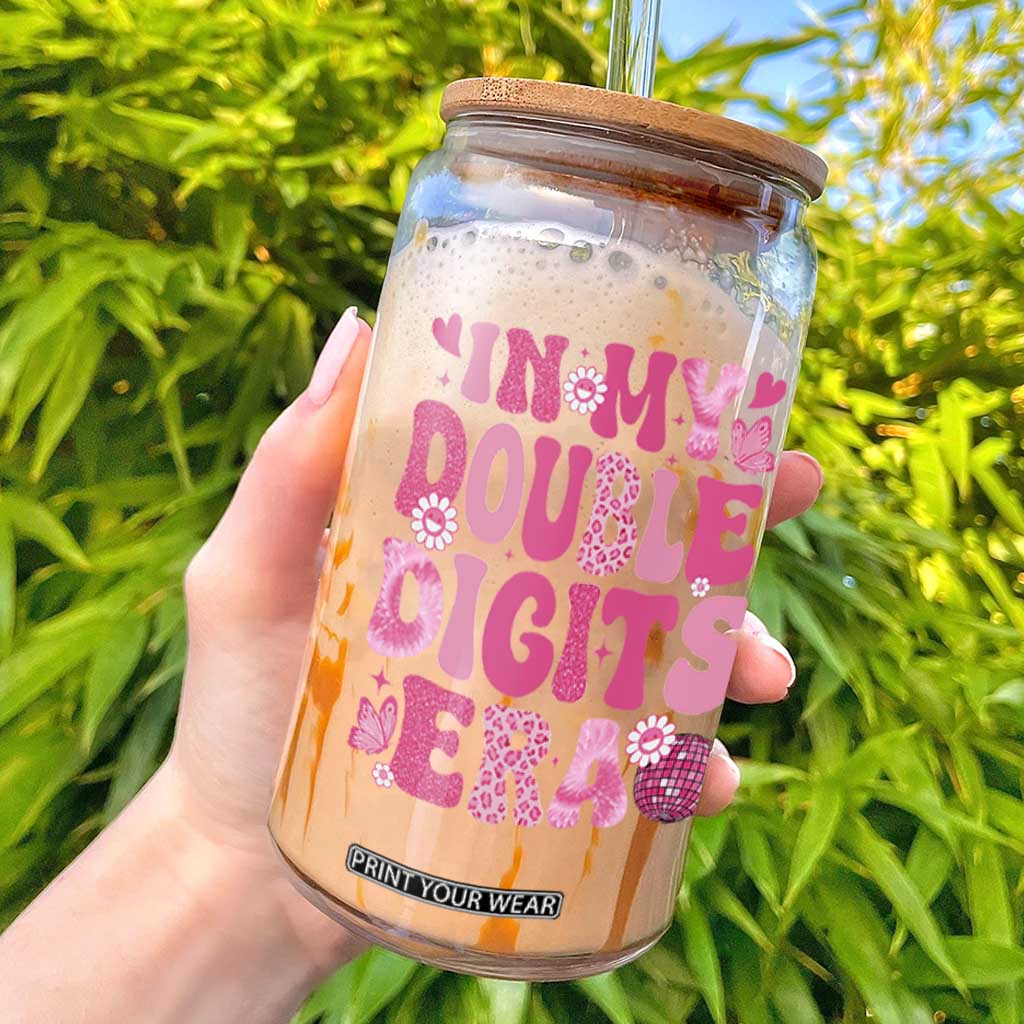 10 Years Old Birthday Girl Glass Can In My Double Digits Era TS10 Black Print Your Wear