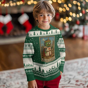Funny Knight Meme Ugly Christmas Sweater Vintage Pepe Frog Templar Crusader Fren Soldier TS10 Forest Green Beige Print Your Wear