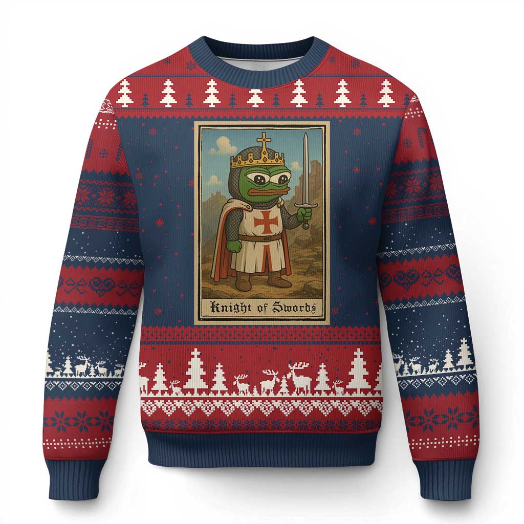Funny Knight Meme Ugly Christmas Sweater Vintage Pepe Frog Templar Crusader Fren Soldier TS10 Navy Red Print Your Wear
