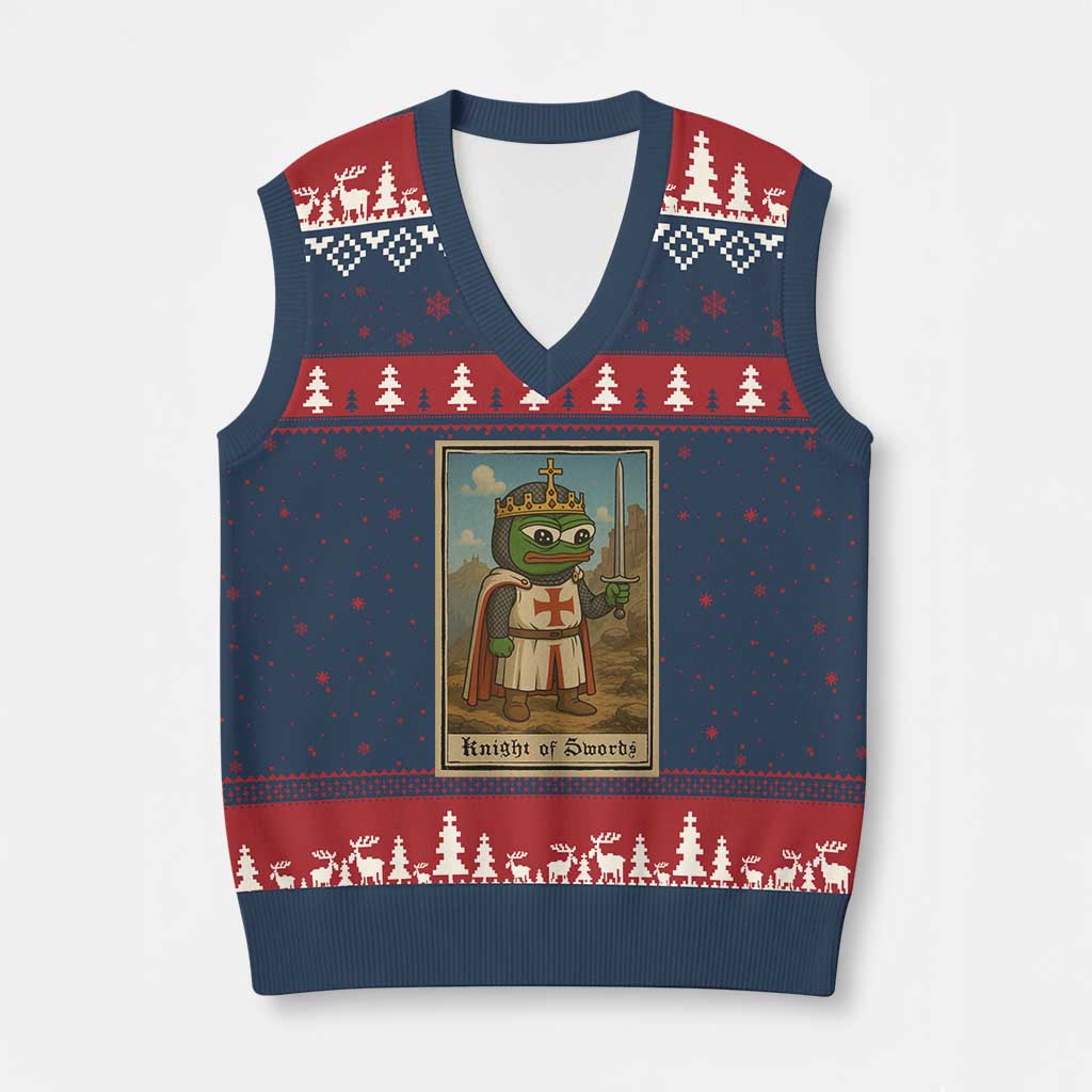 Funny Knight Meme V-Neck Knit Sweater Vest Vintage Pepe Frog Templar Crusader Fren Soldier TS10 Navy Red Print Your Wear