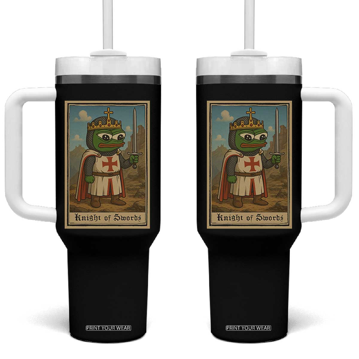 Funny Knight Meme Tumbler With Handle Vintage Pepe Frog Templar Crusader Fren Soldier TS10 One Size: 40 oz Black Print Your Wear