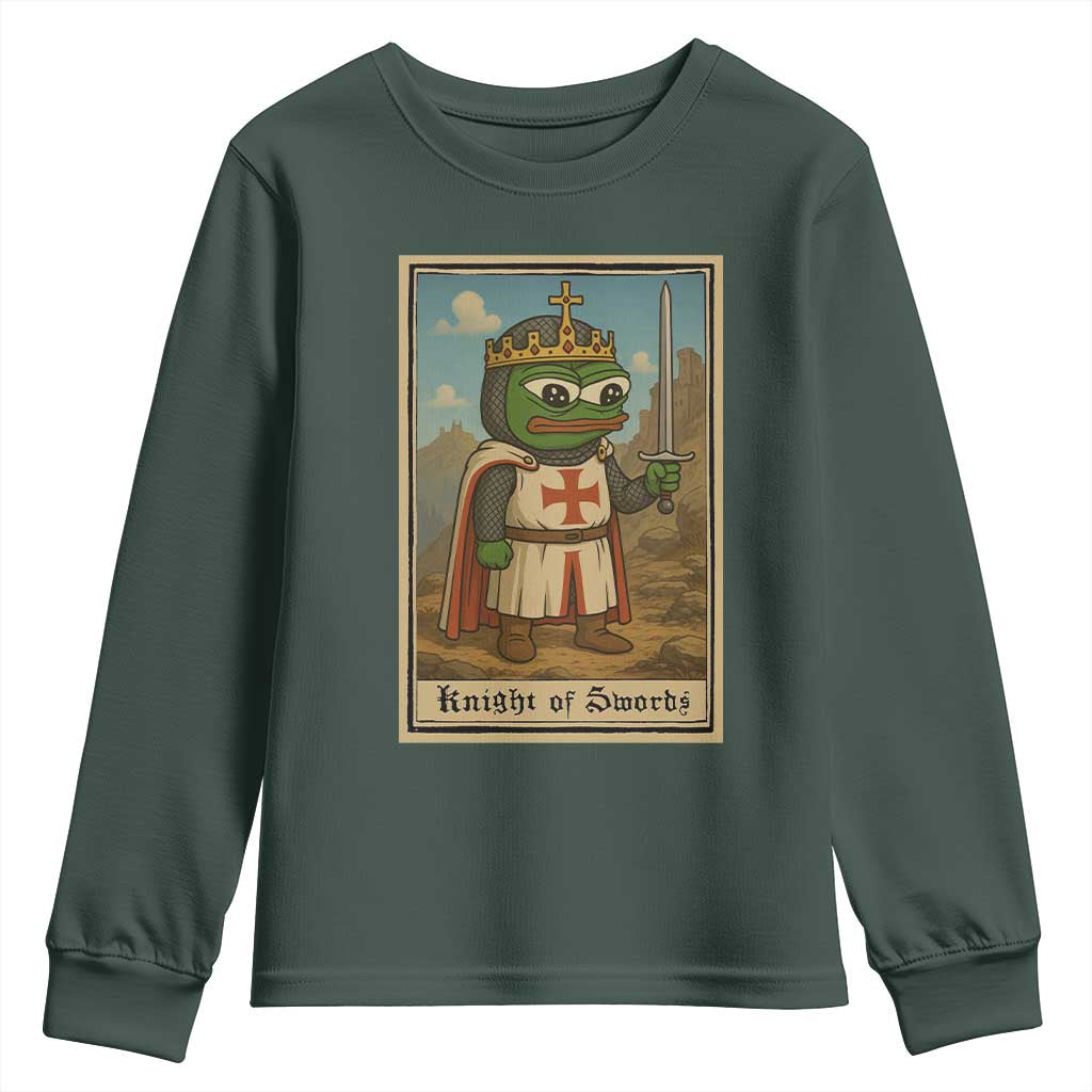 Funny Knight Meme Youth Sweatshirt Vintage Pepe Frog Templar Crusader Fren Soldier TS10 Dark Forest Green Print Your Wear