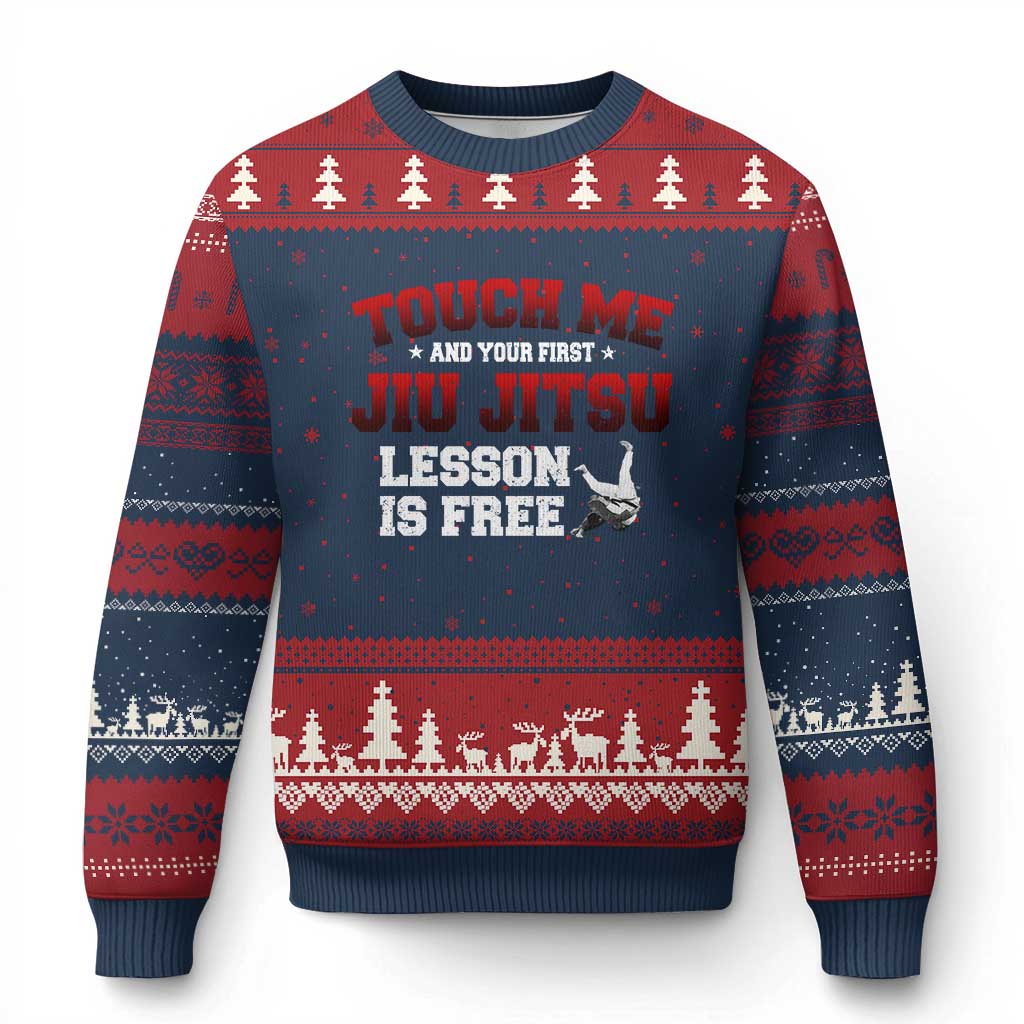 Brazilian BJJ Ugly Christmas Sweater Touch Me First Jiu Jitsu Lesson Is Free TS10 Navy Red Print Your Wear