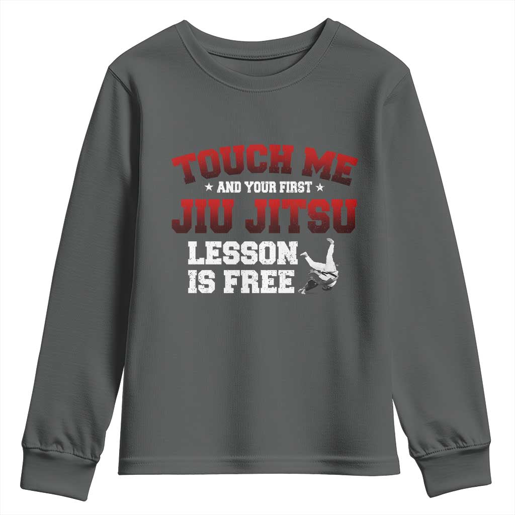 Brazilian BJJ Youth Sweatshirt Touch Me First Jiu Jitsu Lesson Is Free TS10 Dark Heather Print Your Wear