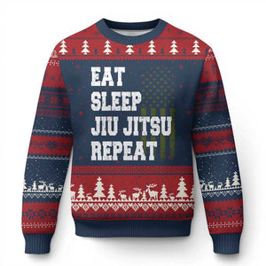 Eat Sleep Jiu Jitsu Repeat Ugly Christmas Sweater Cool JiuJitsu BJJ American Flag TS10 Navy Red Print Your Wear
