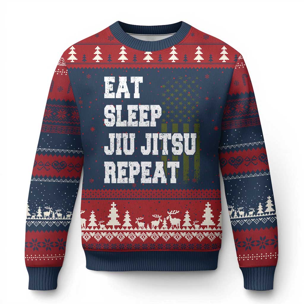 Eat Sleep Jiu Jitsu Repeat Ugly Christmas Sweater Cool JiuJitsu BJJ American Flag TS10 Navy Red Print Your Wear
