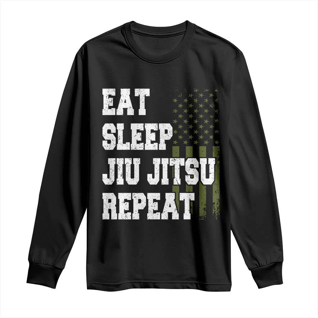 Eat Sleep Jiu Jitsu Repeat Long Sleeve Shirt Cool JiuJitsu BJJ American Flag TS10 Black Print Your Wear