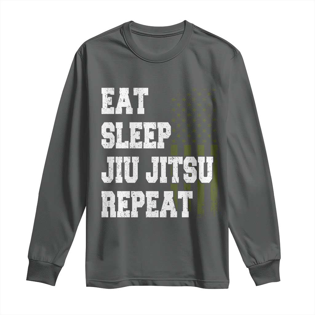 Eat Sleep Jiu Jitsu Repeat Long Sleeve Shirt Cool JiuJitsu BJJ American Flag TS10 Dark Heather Print Your Wear