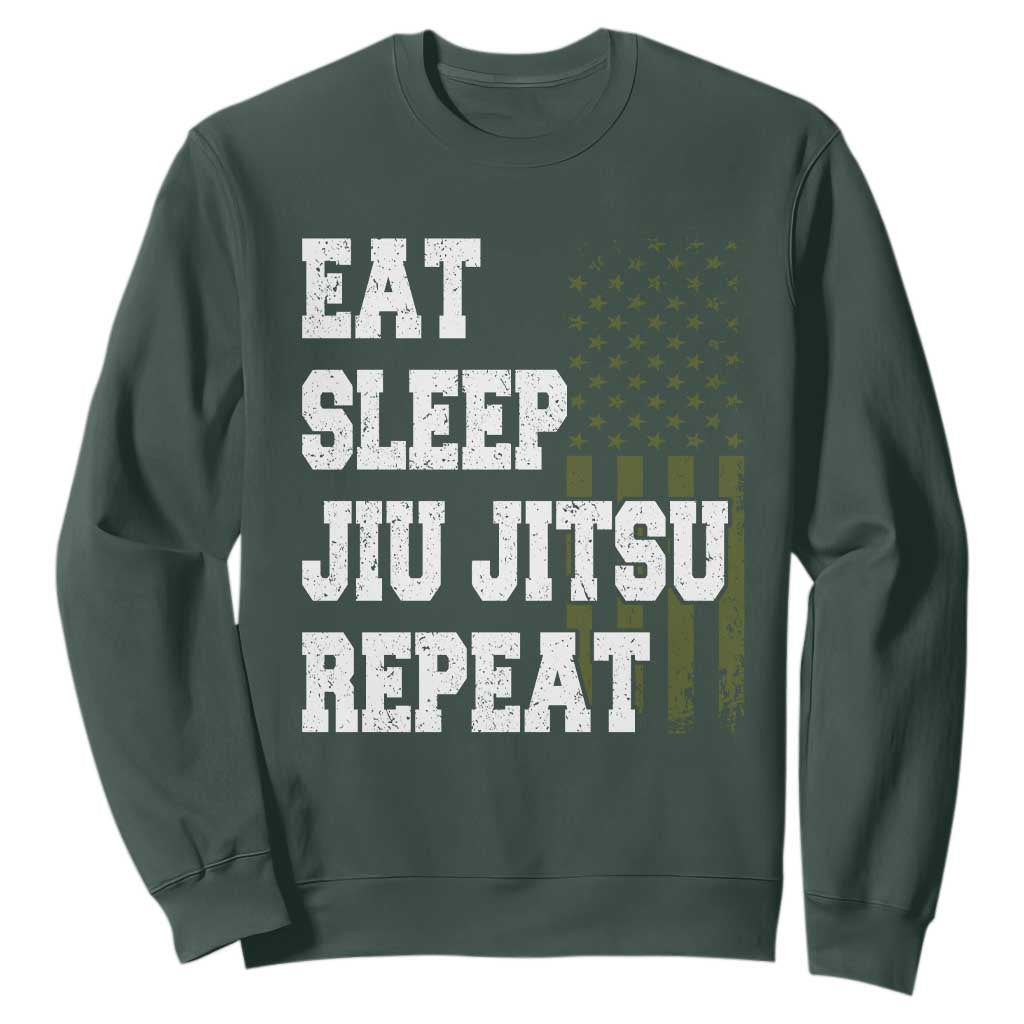 Eat Sleep Jiu Jitsu Repeat Sweatshirt Cool JiuJitsu BJJ American Flag TS10 Dark Forest Green Print Your Wear