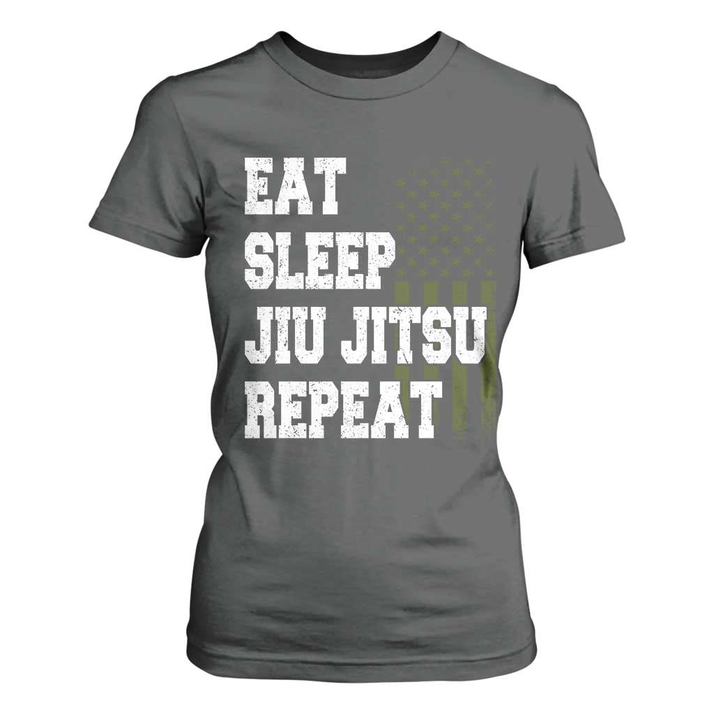 Eat Sleep Jiu Jitsu Repeat T Shirt For Women Cool JiuJitsu BJJ American Flag TS10 Dark Heather Print Your Wear