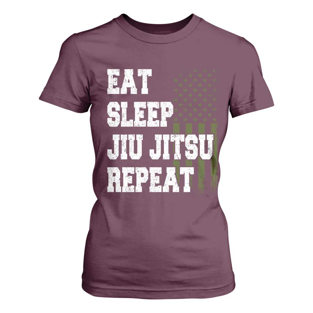 Eat Sleep Jiu Jitsu Repeat T Shirt For Women Cool JiuJitsu BJJ American Flag TS10 Maroon Print Your Wear