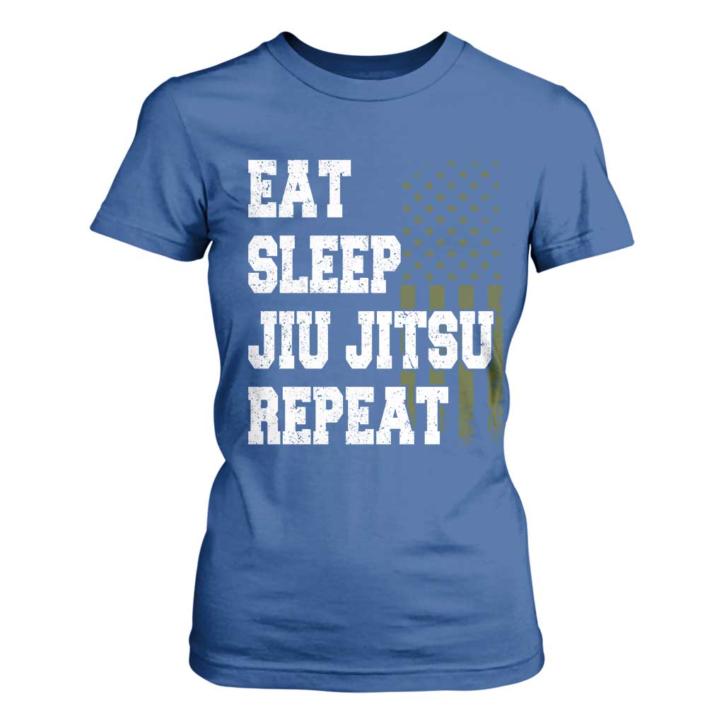 Eat Sleep Jiu Jitsu Repeat T Shirt For Women Cool JiuJitsu BJJ American Flag TS10 Royal Blue Print Your Wear