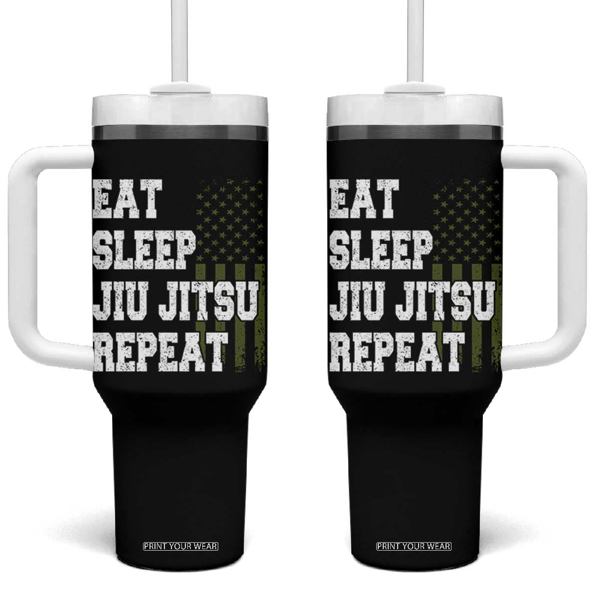 Eat Sleep Jiu Jitsu Repeat Tumbler With Handle Cool JiuJitsu BJJ American Flag TS10 One Size: 40 oz Black Print Your Wear