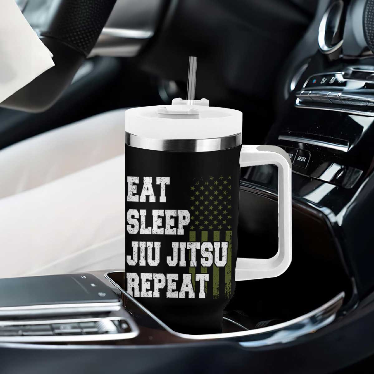 Eat Sleep Jiu Jitsu Repeat Tumbler With Handle Cool JiuJitsu BJJ American Flag TS10 Print Your Wear