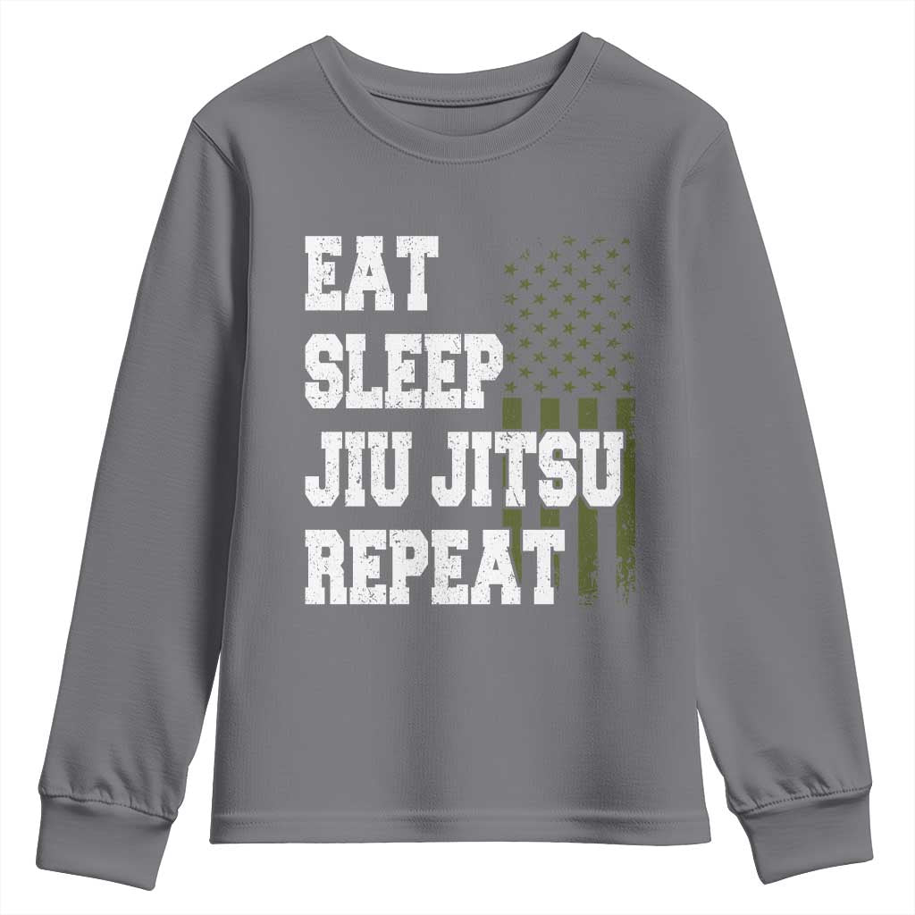 Eat Sleep Jiu Jitsu Repeat Youth Sweatshirt Cool JiuJitsu BJJ American Flag TS10 Charcoal Print Your Wear
