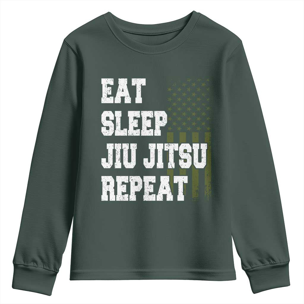 Eat Sleep Jiu Jitsu Repeat Youth Sweatshirt Cool JiuJitsu BJJ American Flag TS10 Dark Forest Green Print Your Wear