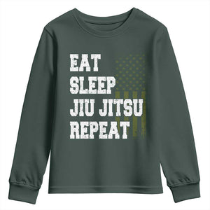 Eat Sleep Jiu Jitsu Repeat Youth Sweatshirt Cool JiuJitsu BJJ American Flag TS10 Dark Forest Green Print Your Wear