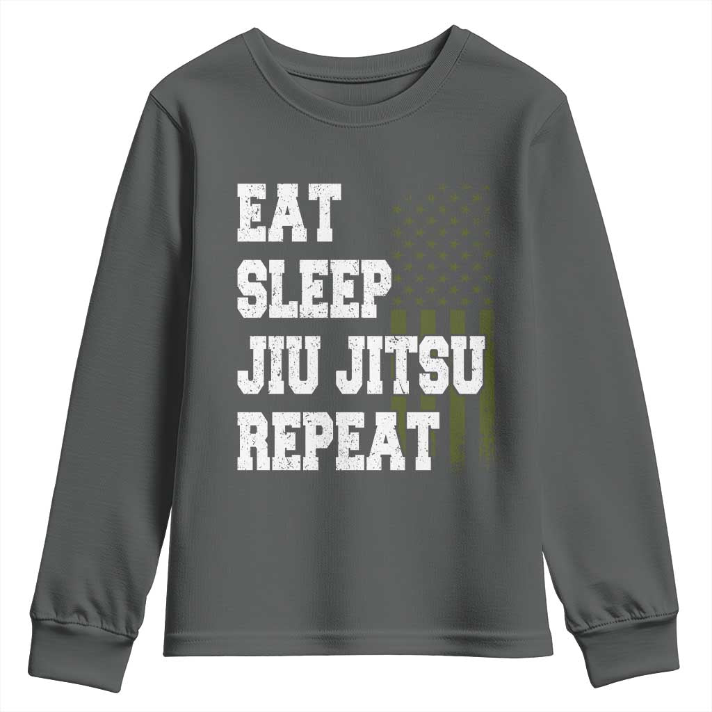 Eat Sleep Jiu Jitsu Repeat Youth Sweatshirt Cool JiuJitsu BJJ American Flag TS10 Dark Heather Print Your Wear