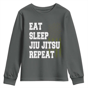 Eat Sleep Jiu Jitsu Repeat Youth Sweatshirt Cool JiuJitsu BJJ American Flag TS10 Dark Heather Print Your Wear