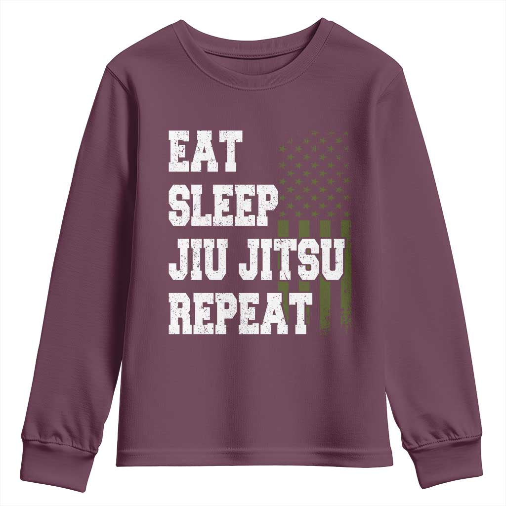 Eat Sleep Jiu Jitsu Repeat Youth Sweatshirt Cool JiuJitsu BJJ American Flag TS10 Maroon Print Your Wear