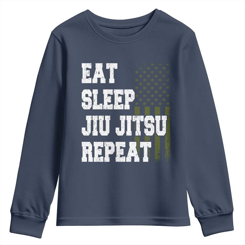 Eat Sleep Jiu Jitsu Repeat Youth Sweatshirt Cool JiuJitsu BJJ American Flag TS10 Navy Print Your Wear