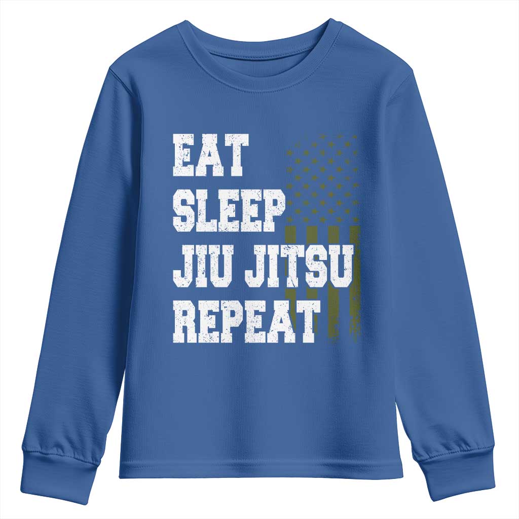 Eat Sleep Jiu Jitsu Repeat Youth Sweatshirt Cool JiuJitsu BJJ American Flag TS10 Royal Blue Print Your Wear